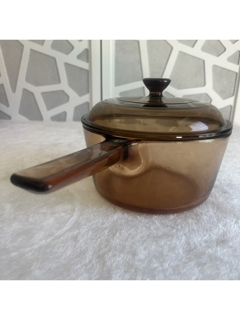 VINTAGE VISIONS CORNING Amber Glass 1.5L Saucepan With Lid 7 Inch. Great Quality